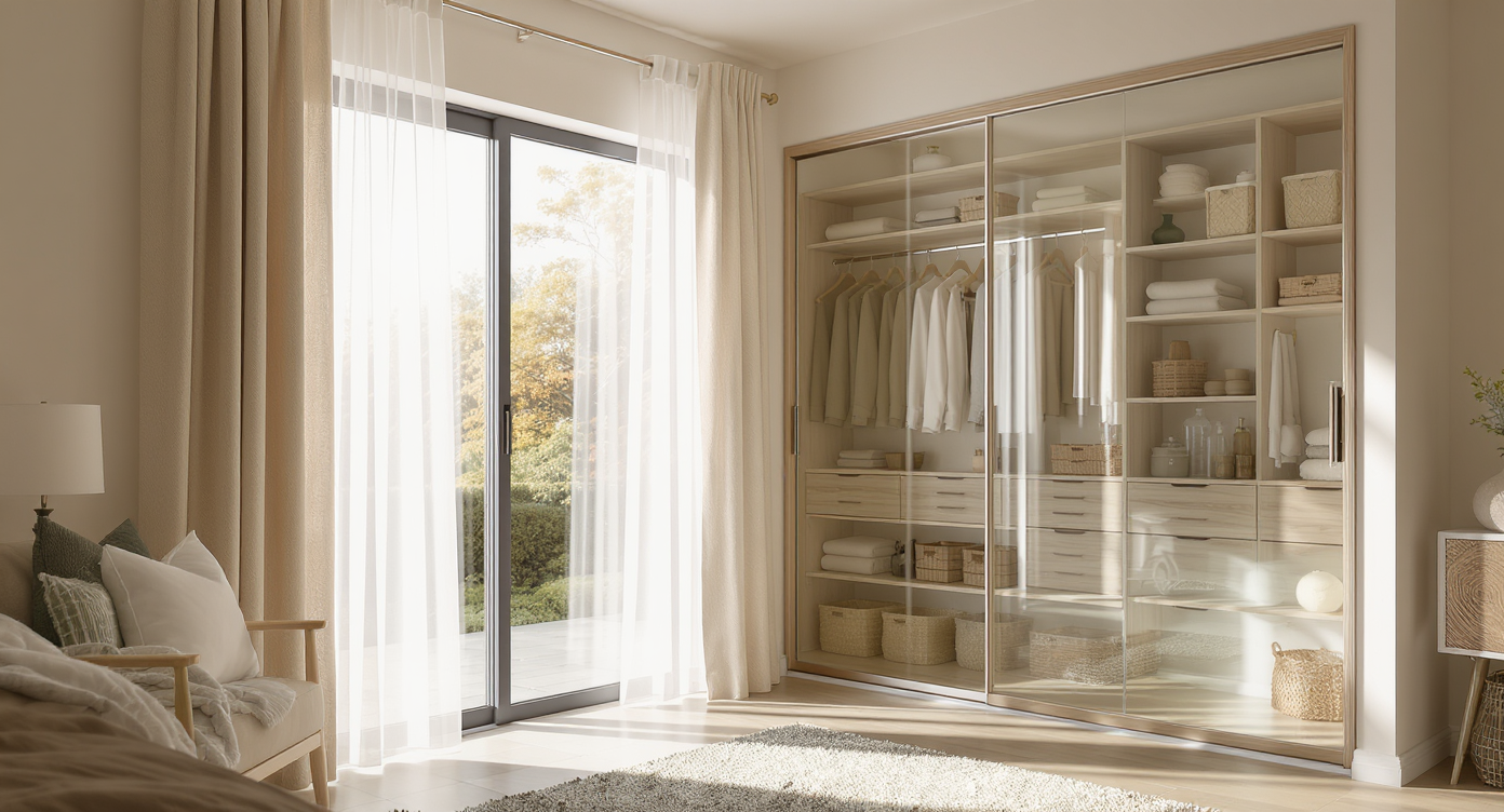 A sunlit, ultra-realistic master closet adjoins a modern bathroom with a vented shower, separated by a quiet sliding door for privacy and freshness.