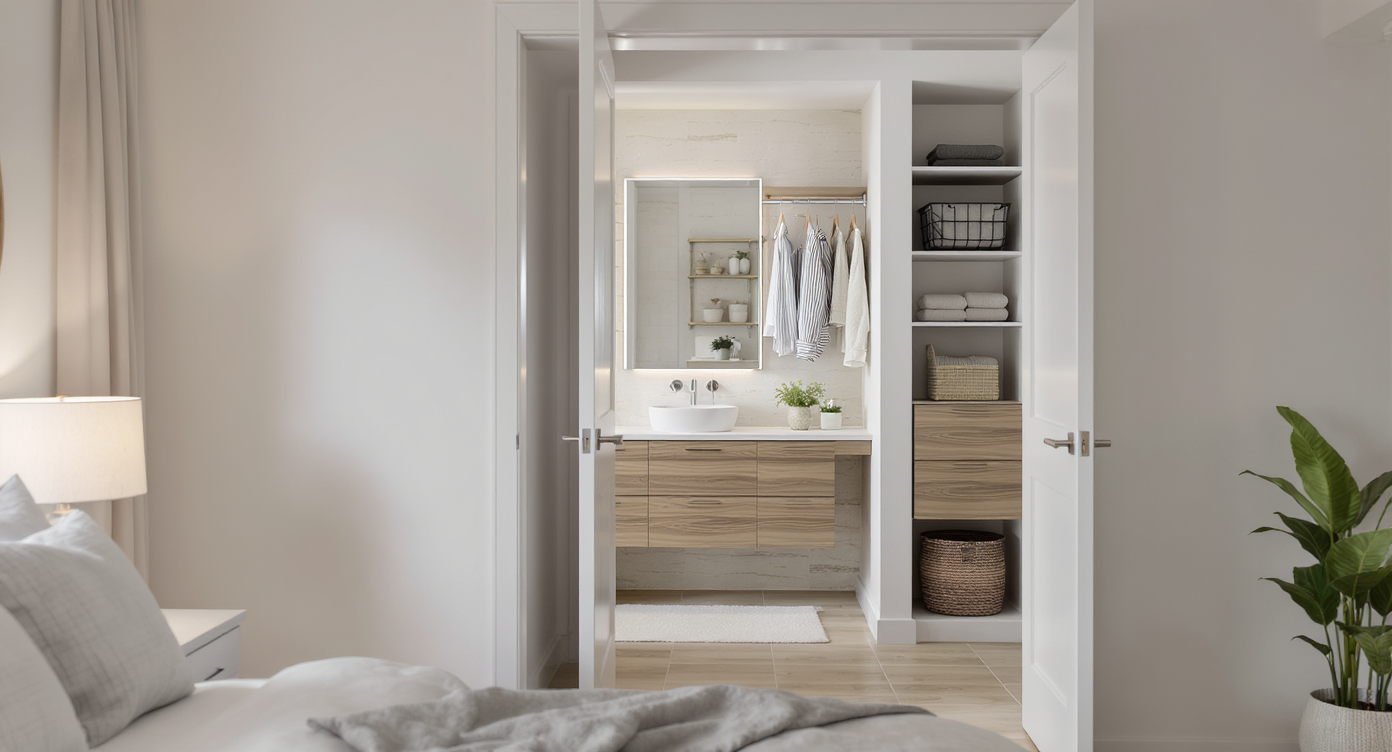 A realistic primary suite view shows a bedroom with direct open access to an en-suite bathroom, which seamlessly transitions to a walk-in closet.