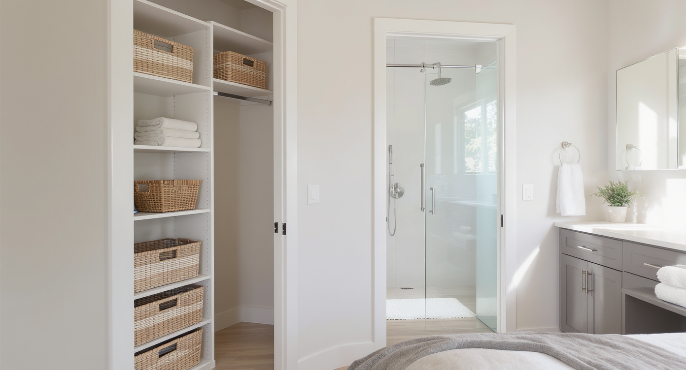 A realistic primary suite with an open walk-in closet and bathroom, featuring humidity-friendly storage, privacy partitions, and a pre-framed doorway.