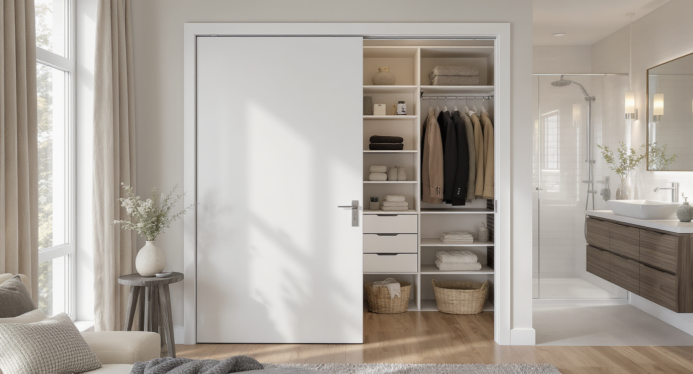 Photorealistic master suite showing a walk-in closet accessed via a bathroom, with a sturdy pocket door between the two, natural daylight highlighting textures.