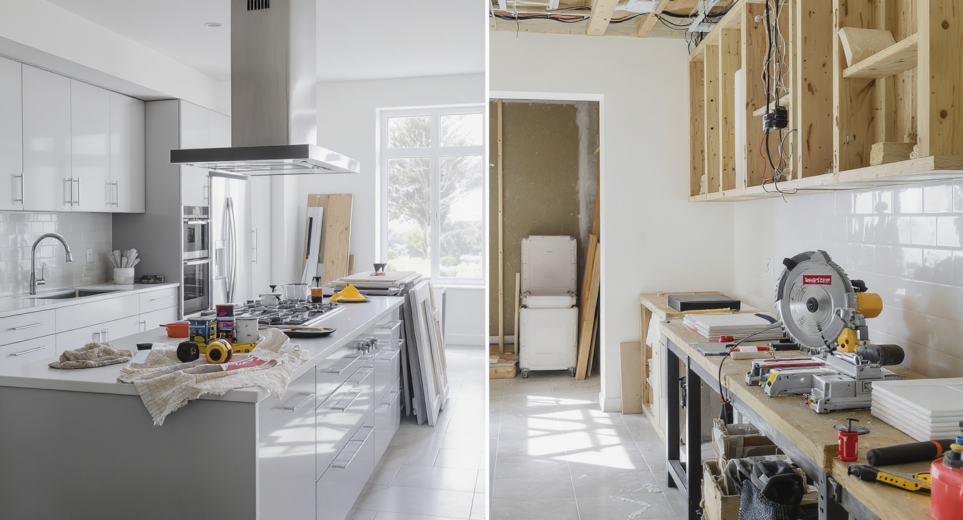 A modern kitchen in mid-remodel, showing DIY tools and paint cans on one side, and professional tile tools with exposed wiring on the other.
