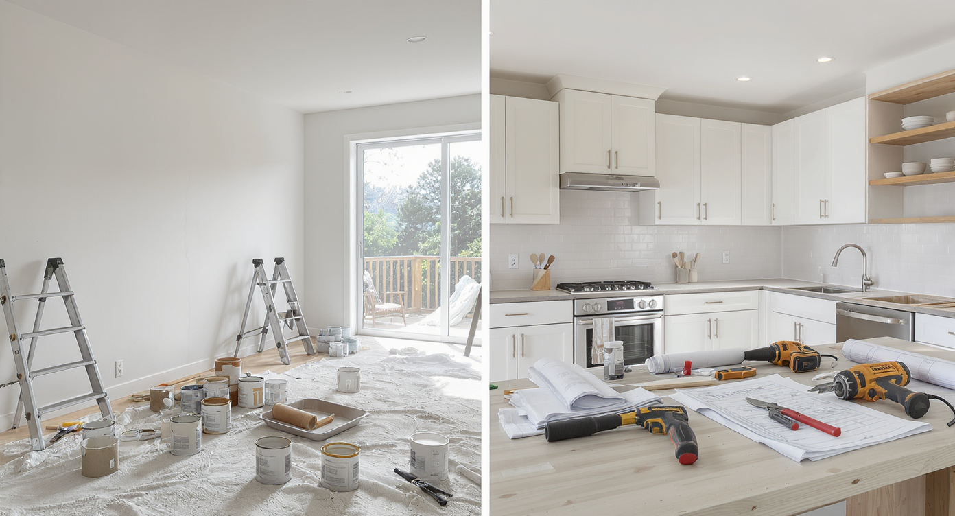 A modern home interior during renovation, displaying a DIY living room setup beside a pro-level kitchen remodel, tools and materials neatly arranged.