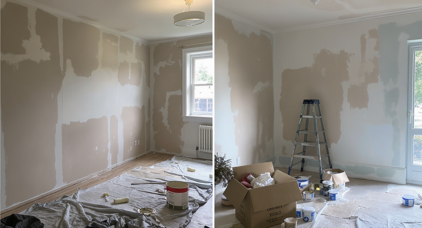 A living room scene showing DIY repairs like painted walls and updated fixtures alongside warning-taped exposed structural framing requiring a pro.