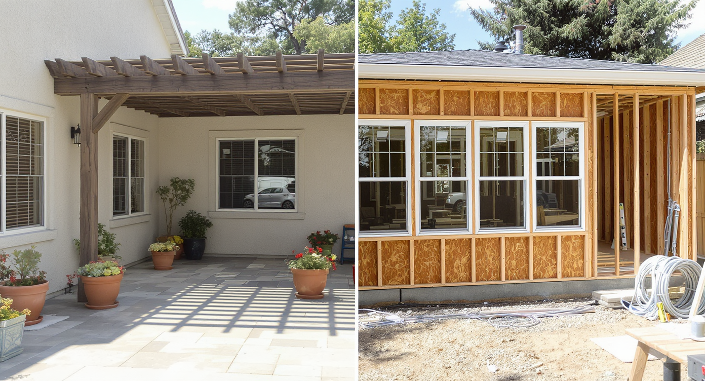 A backyard patio mid-conversion, featuring potted plants and a pergola on one side, transitioning to a partially enclosed sunroom with visible insulation, studs, and utility lines.
