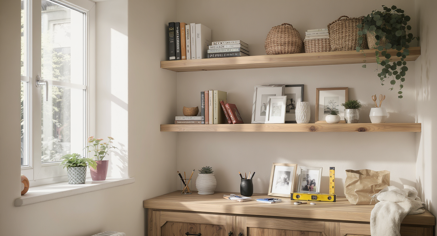 A modern apartment hallway nook with DIY wooden ledge shelves displaying books, framed photos, and keepsakes; tools and supplies nearby, natural light.