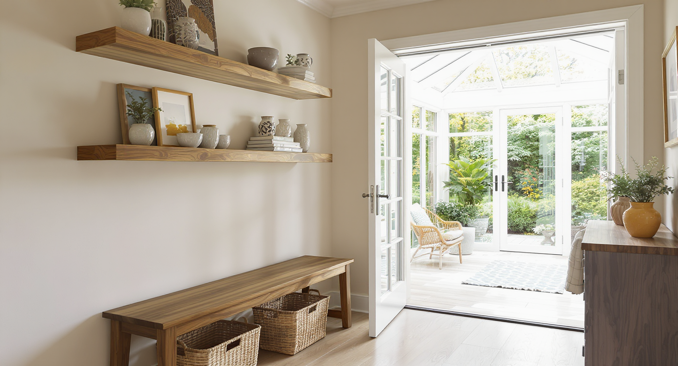 A bright entryway features handmade floating shelves with art and ceramics, a refinished wooden bench, woven baskets, and an adjoining sunroom.