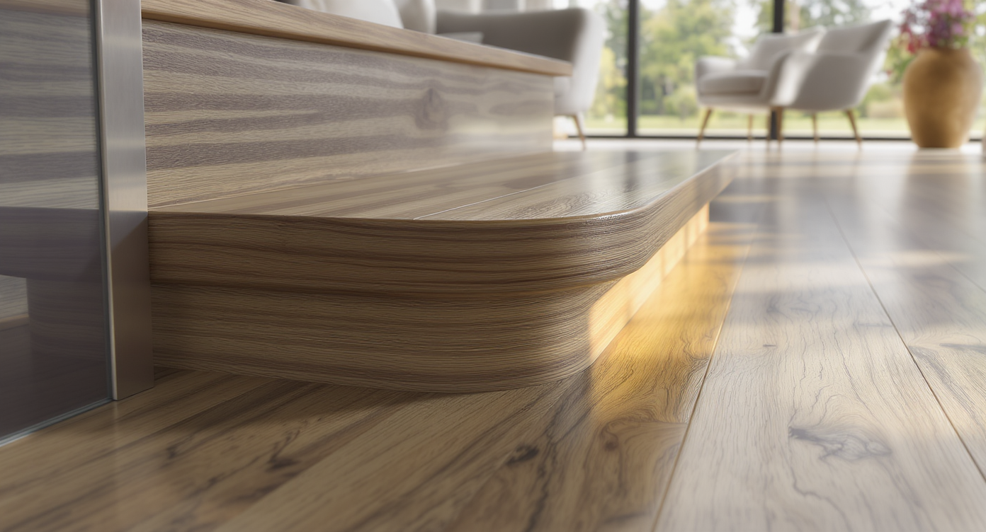Close-up of a stair nose transition in a modern open-plan room, showing how engineered wood flooring meets a step edge with a rounded, matching profile.