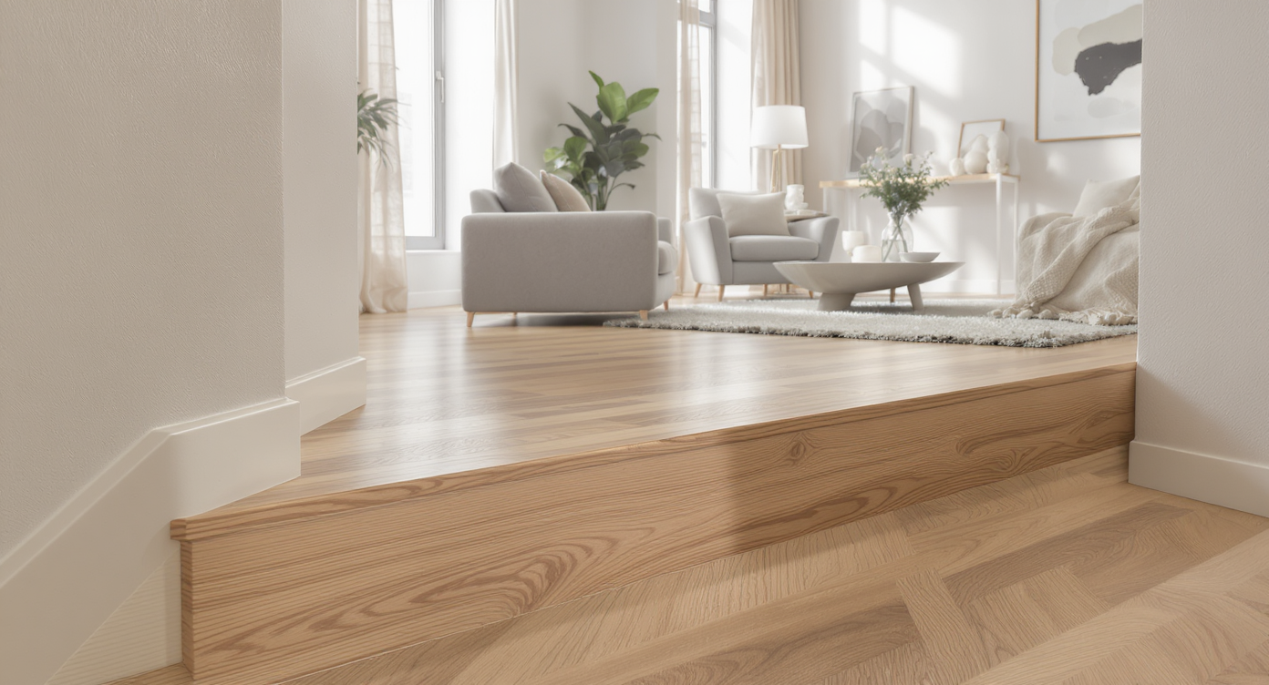Spacious open-plan room with engineered oak flooring and a side-step down transition, highlighting a seamless stair nose detail amid modern neutral décor.