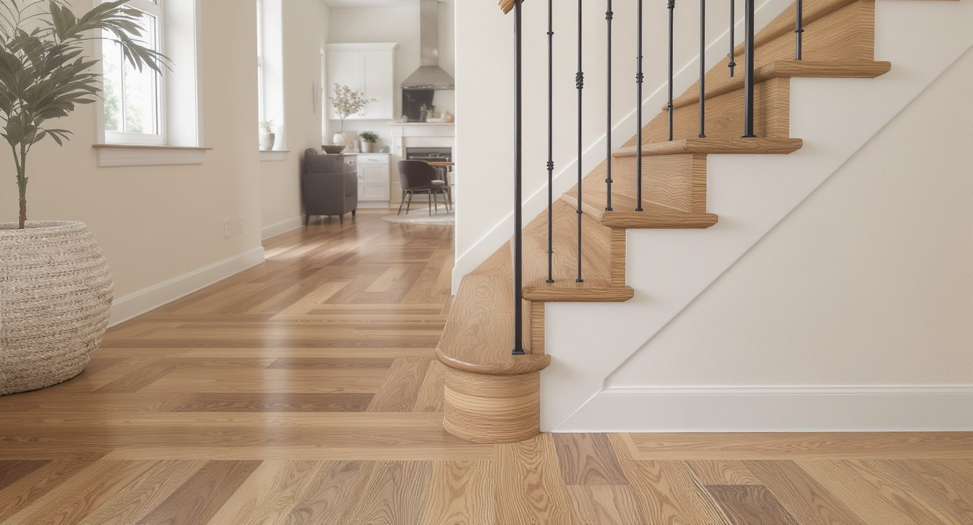 Open living area with engineered hardwood floors meeting a staircase; stair nose transition is highlighted, showing solid and engineered profiles side by side under warm natural light, and a designer reviews the fit.