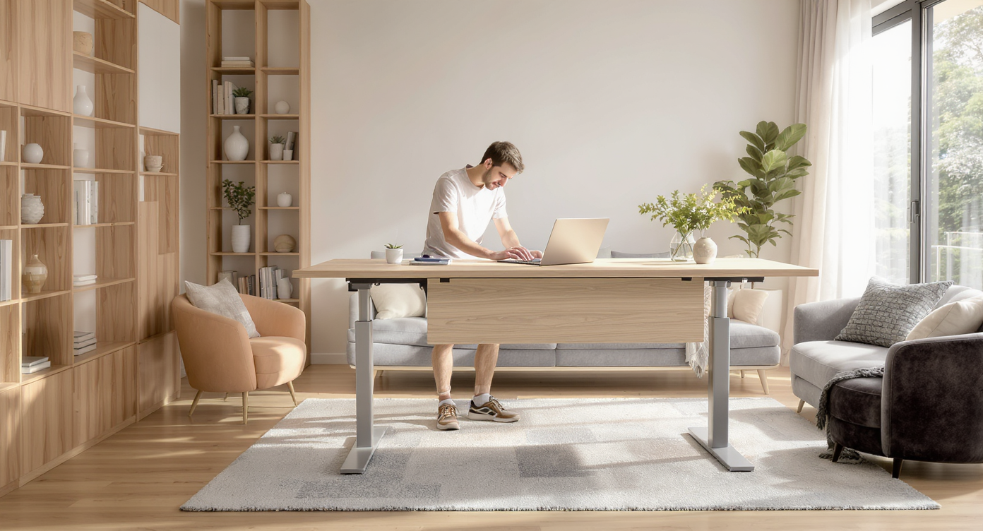 A bright, contemporary studio apartment with an adjustable-height oak desk at center, modular sofa, large windows, wood flooring, and a person adjusting the desk for work.