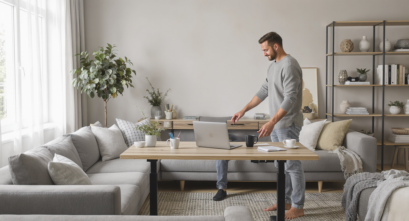 A bright living room features a natural oak adjustable-height desk, modular sofa, and a person adjusting the desk, highlighting flexible design.