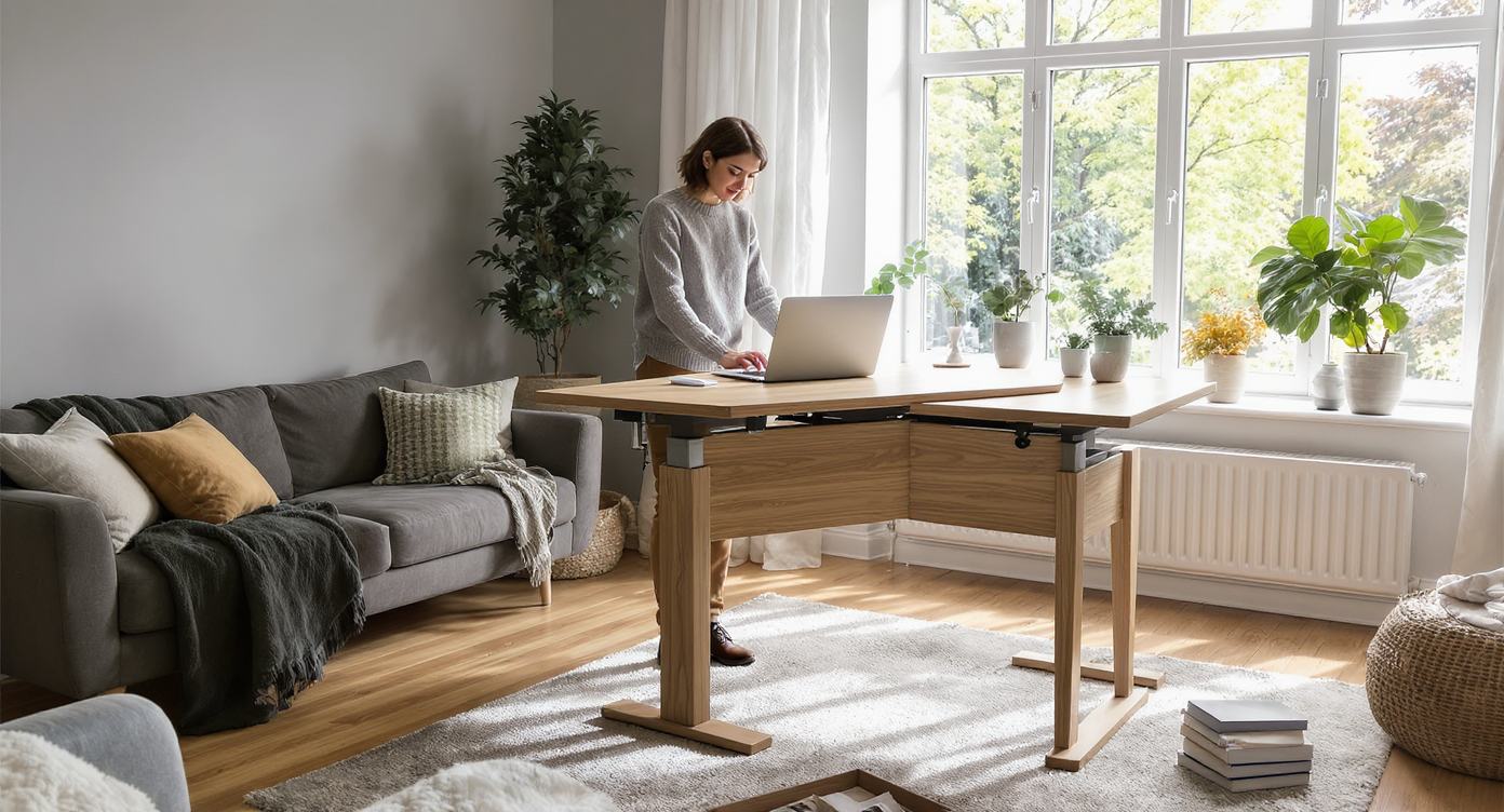 Modern living room with an adjustable-height oak desk by a window, a young professional using it, warm wood floors, gray walls, plant accents, and bright natural daylight creating an adaptable, multi-use atmosphere.