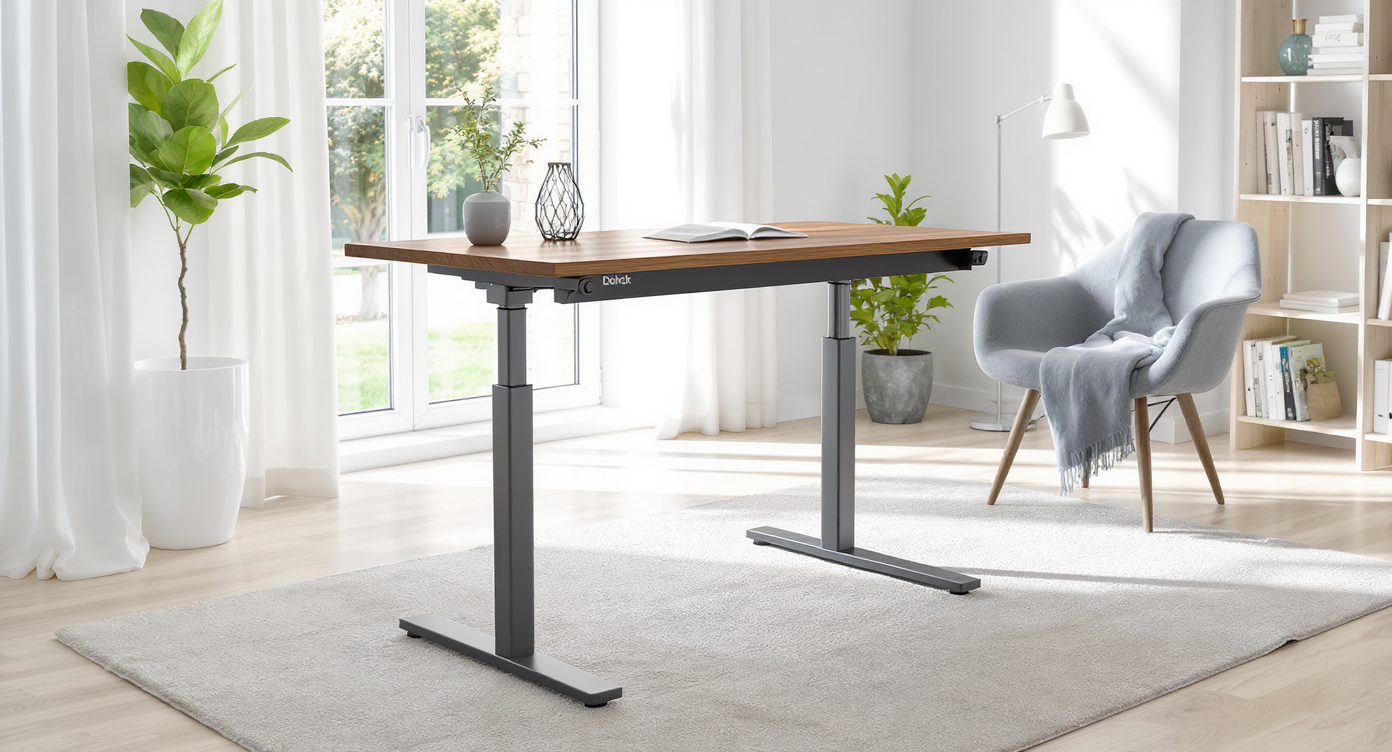 A modern living room with a walnut and steel height-adjustable desk showing telescoping steel legs, scissor-lift supports, and locking casters under bright, natural light.