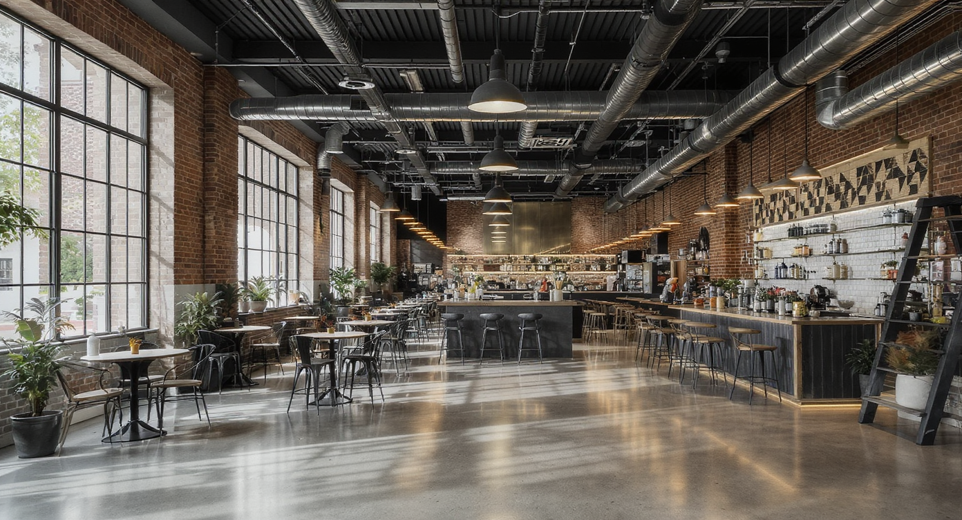 A spacious, stylish commercial venue with lounge seating, exposed brick, large windows, and two professionals discussing plans in natural light.