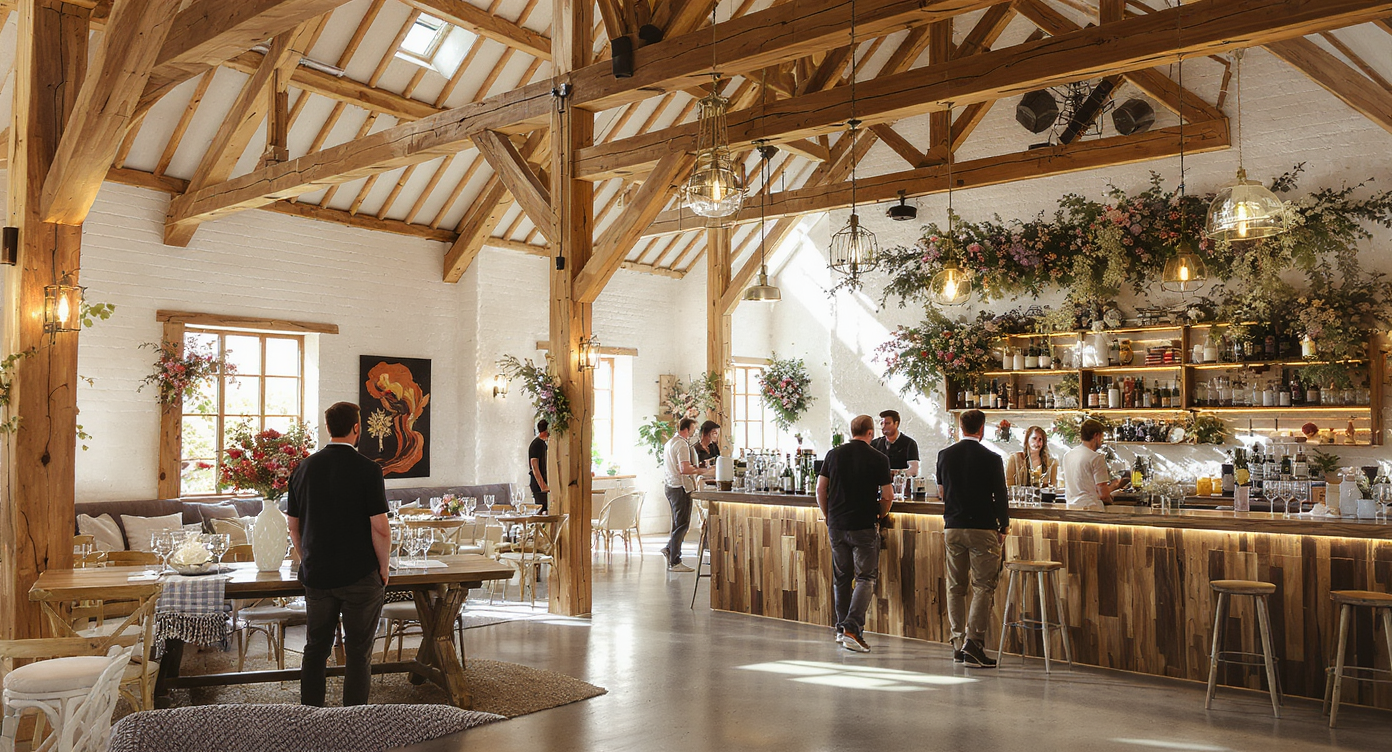 A bright, spacious barn venue set for a stylish wedding, featuring exposed beams, art accents, a tasting bar, and natural daylight flooding in.