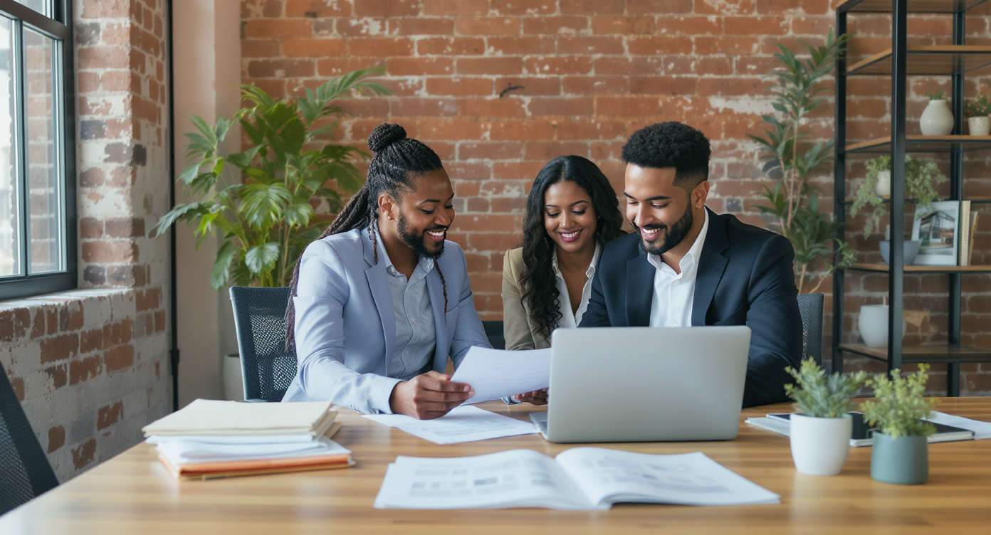 A sunlit conference room with brick walls and large windows shows two professionals reviewing property documents, floor plans, and valuation charts together at a wooden table.
