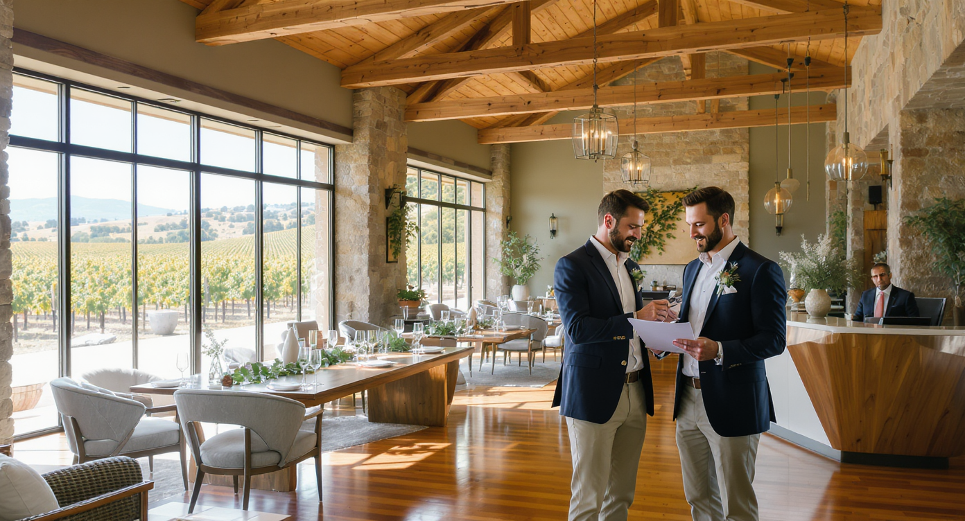 A vineyard-inspired California event venue with stone walls, wood beams, soft natural light, and an owner consulting an appraiser at a reception desk.
