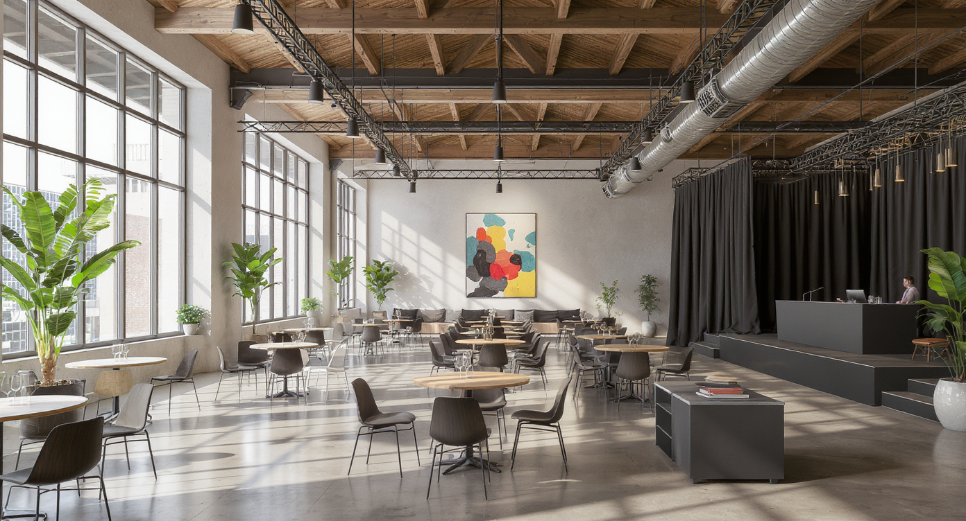 Spacious modern commercial interior combining wine barrels, gallery art on white walls, and a stage, with industrial finishes and ample daylight.