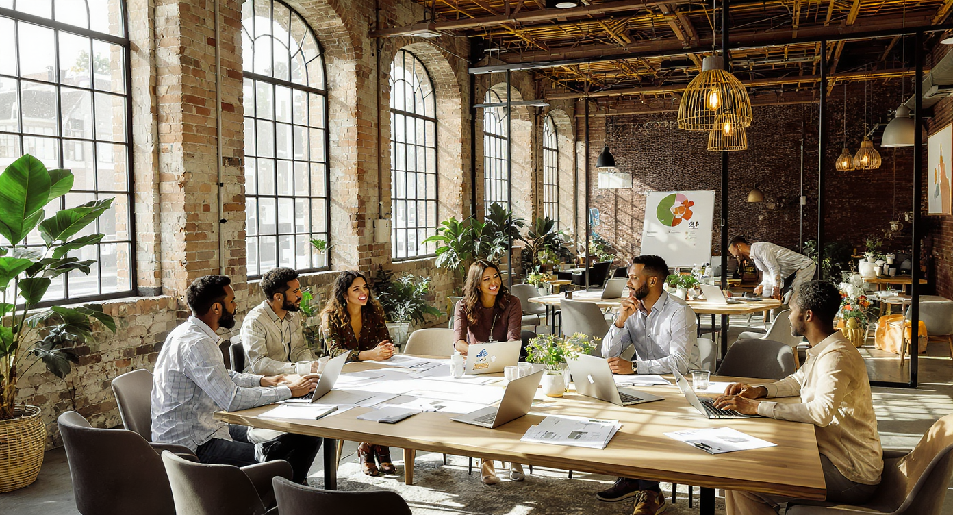 Contemporary boutique event space with exposed brick, large windows, and a diverse team reviewing design plans and comparison charts.