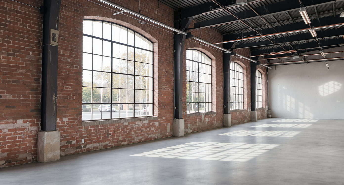 Spacious modern event venue with exposed brick walls, large steel windows, designer furnishings, and two professionals reviewing blueprints.