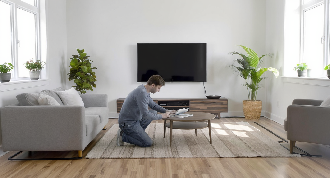 A homeowner arranges network cables along white baseboards in a sunlit modern living room, featuring hardwood floors and hidden TV wiring.