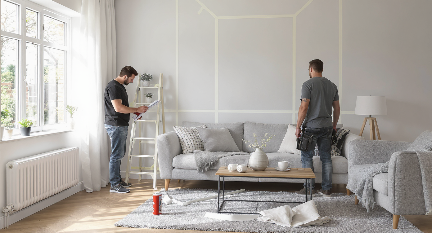A designer and homeowner plan hidden cable runs in a sunlit, modern living room, using painter’s tape to map routes along pale walls and baseboards.