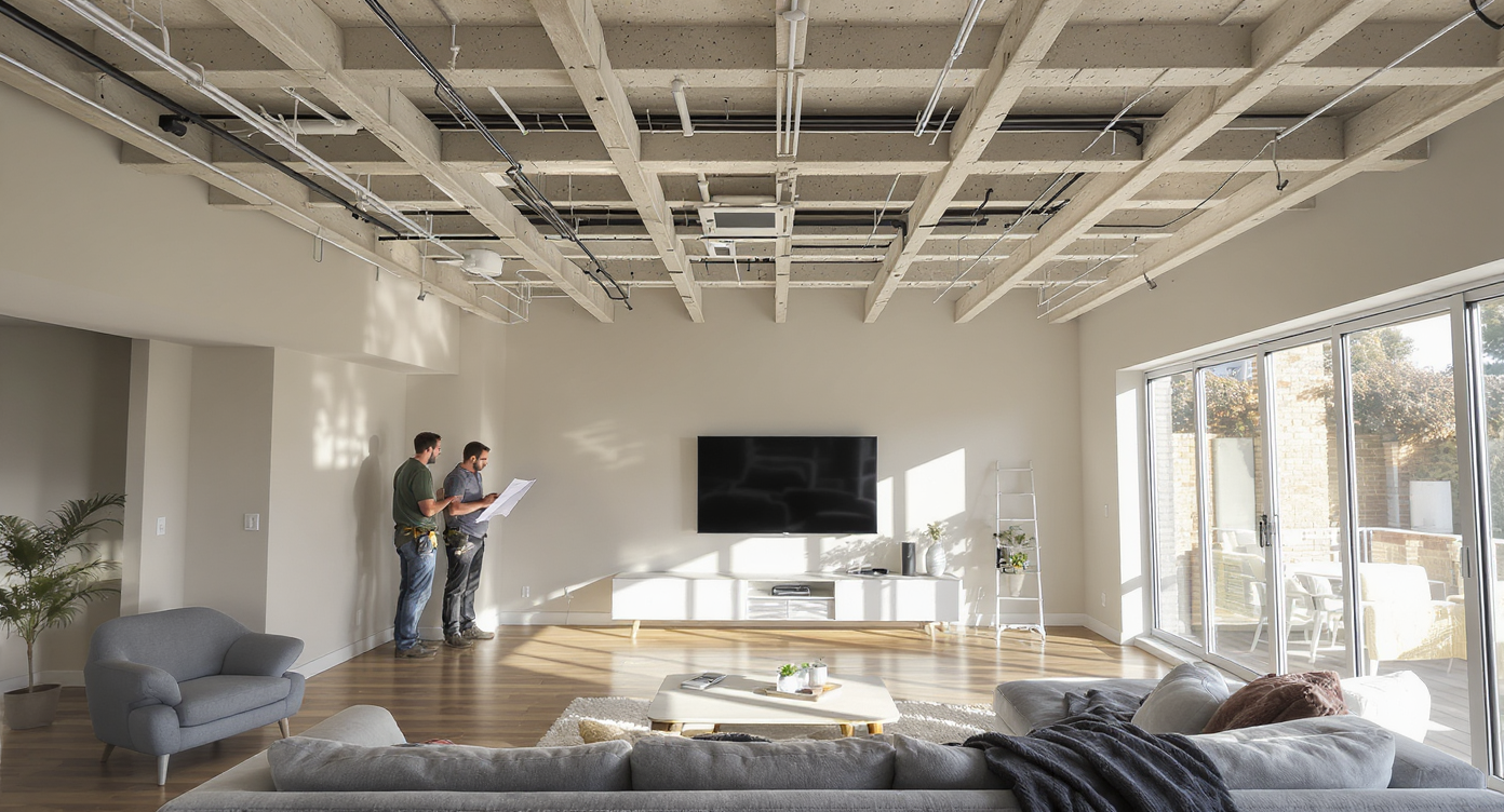 Homeowner and professional discuss cable management in a modern living room, studying blueprints amid limited routing options and open architecture.