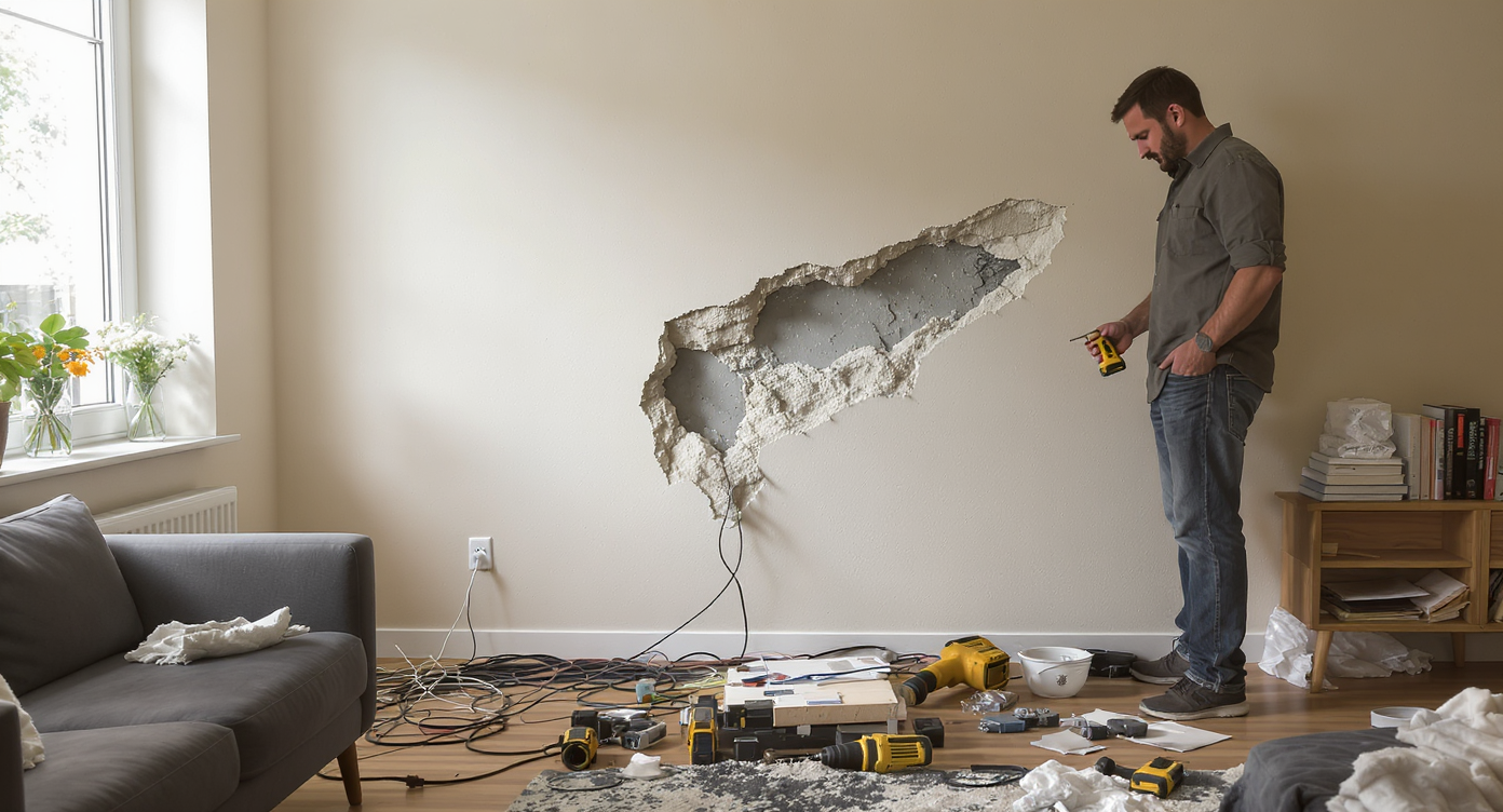 A modern living room corner with messy cables, a crumbling wall hole, tangled floor wires, and a concerned homeowner holding a drill and stud finder.