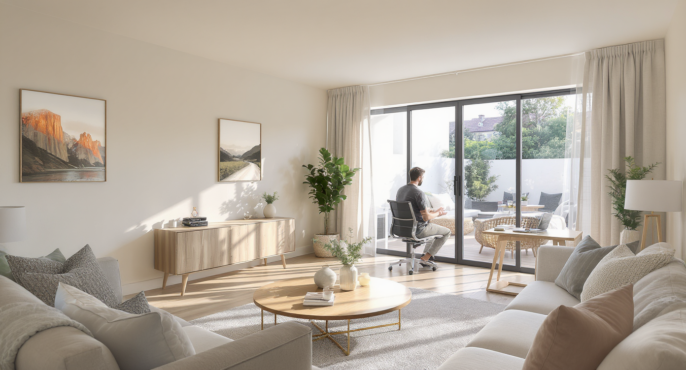 A modern, sunlit multi-story home shows open living spaces with concealed cable channels along baseboards, flush wall plates, and tidy floor outlets.