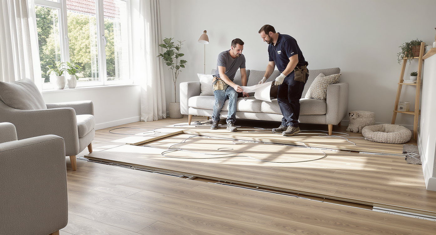A designer and homeowner discuss floor plans in a sunlit living room where laminate floor is lifted, showing neatly routed Ethernet and AV cables.