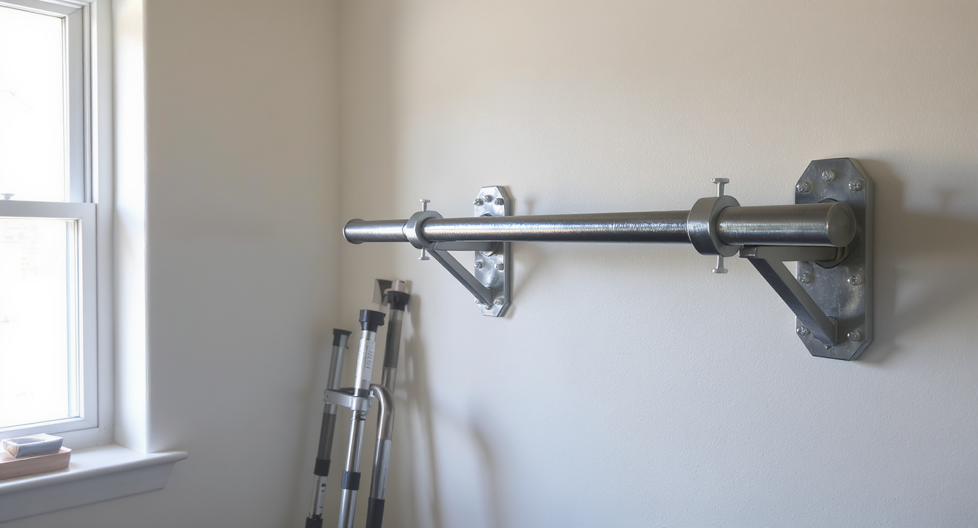 Compact home gym setup with a steel pipe workout bar securely mounted into wall studs, cross-braced frame, and bright natural lighting.