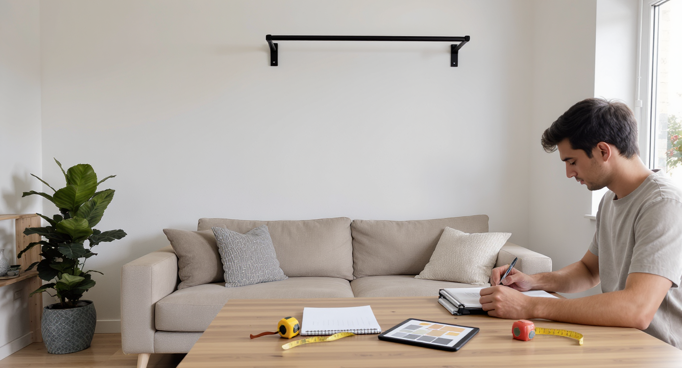 A well-lit compact living room with a renter-friendly clamp-on pull-up bar, mood board, and a person planning space with sketches and samples.