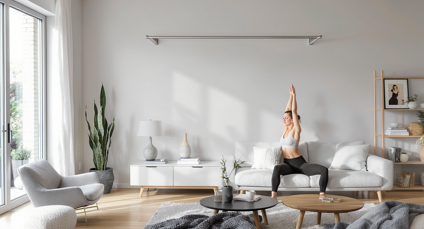 A modern apartment living room with a minimal DIY workout bar in the corner, natural wood floors, neutral tones, and a woman stretching on the bar.