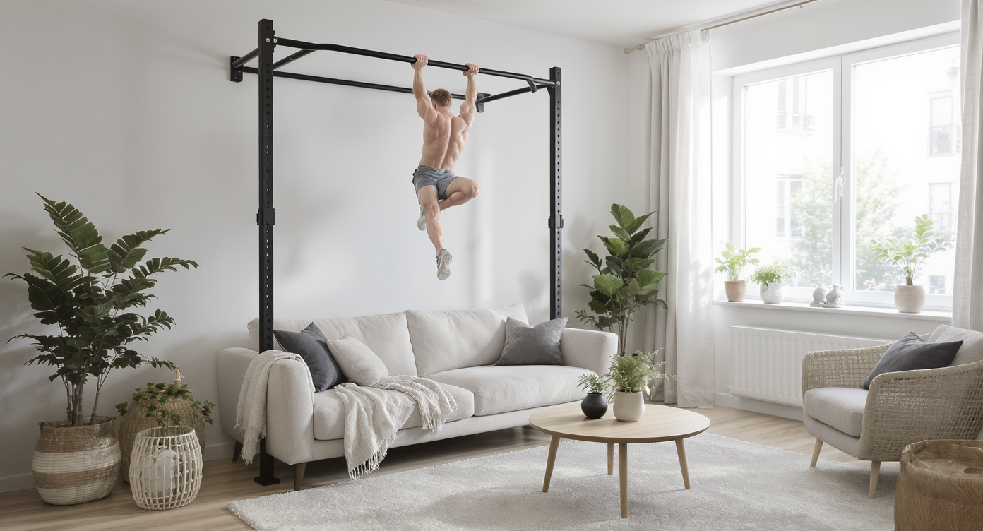 A sunlit, minimal living room with pale wood floors and a sleek black workout bar mounted between support columns. A person does pull-ups, demonstrating how the fitness bar fits elegantly within a compact, well-organized space, surrounded by plants and soft furnishings.