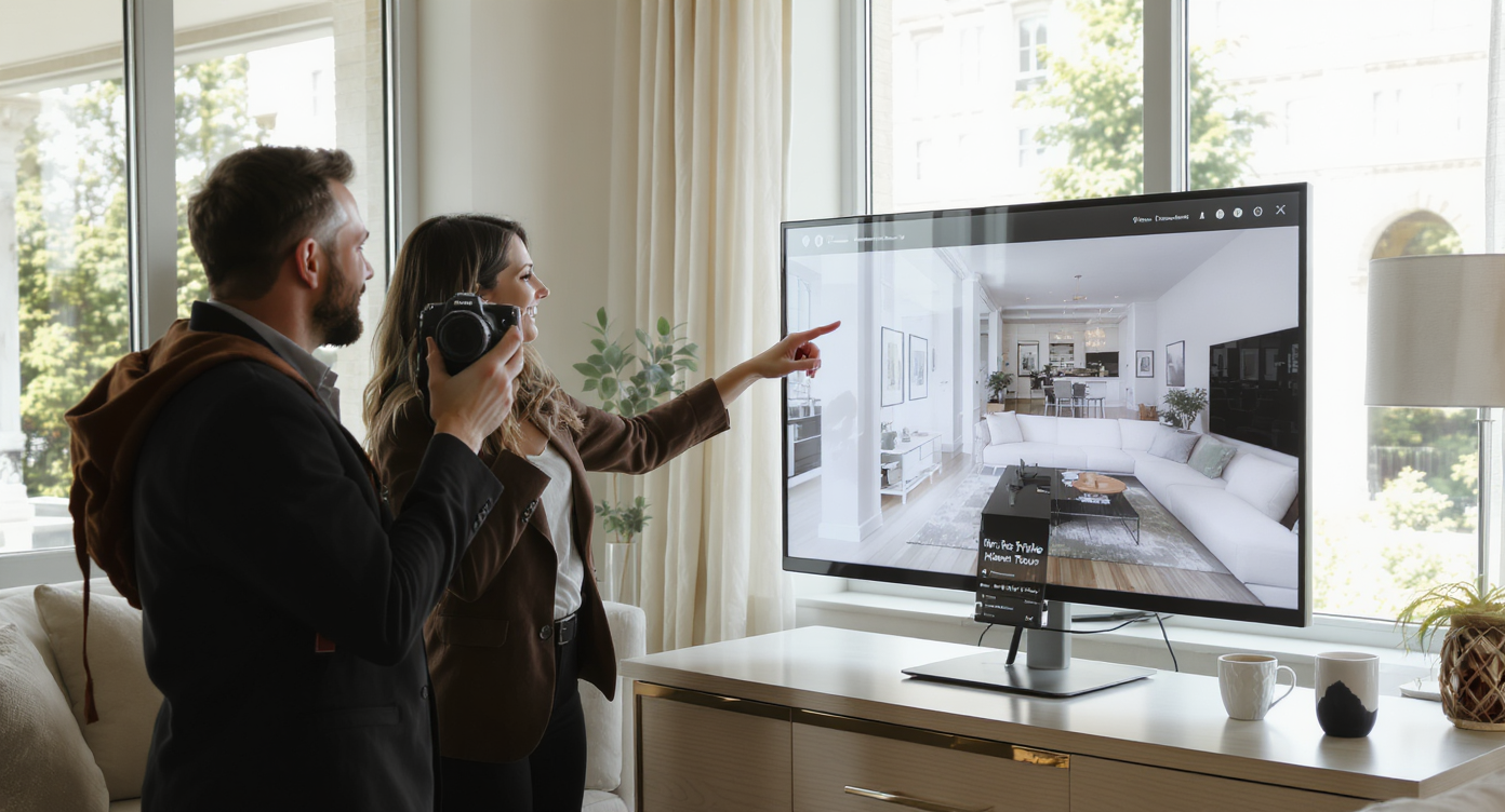 A realtor and photographer discuss virtual home tour options in a bright, modern living room with large windows, hardwood floors, and stylish neutral décor. Sunlight fills the space, and a monitor displays realistic digital tours.