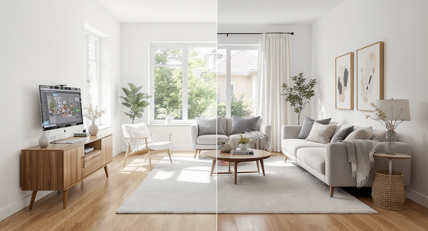 A sunlit, modern living room shown in split view: left side empty, right side digitally staged with stylish furniture and decor, illustrating AI-driven virtual staging.