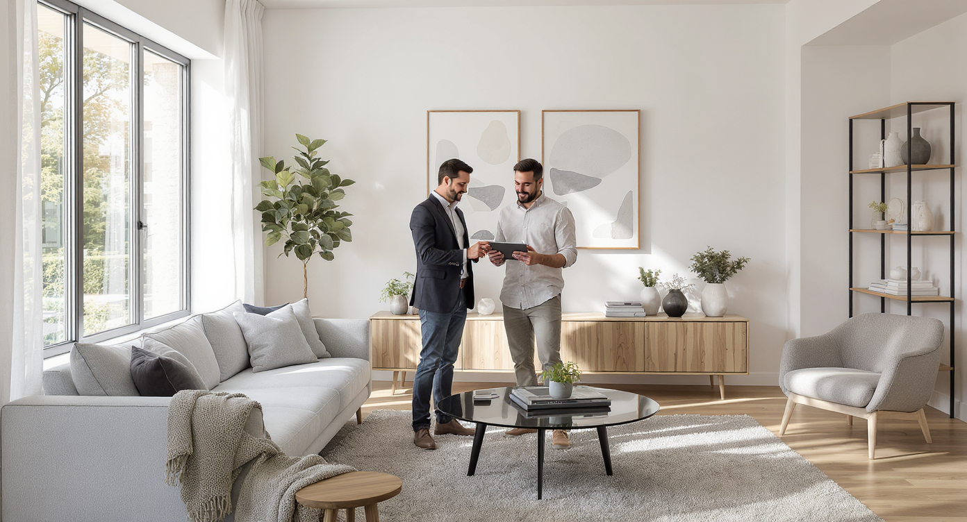 A bright, contemporary living room with sunlit wood floors, a gray sectional, and a realtor consulting with a homeowner over a tablet displaying home media.