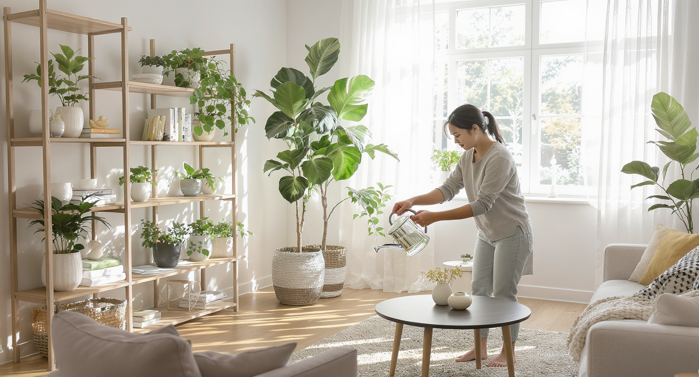A bright living room features numerous healthy indoor plants, a person watering a fiddle leaf fig, wood floors, and sunlight pouring in.