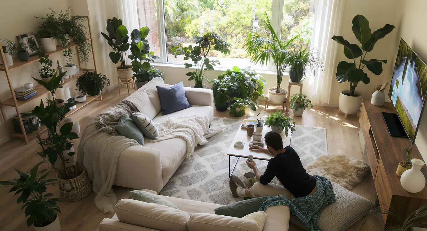 A sunlit living room with thriving indoor plants in white pots, techy soil moisture meters, and a person tending to one plant by the window.