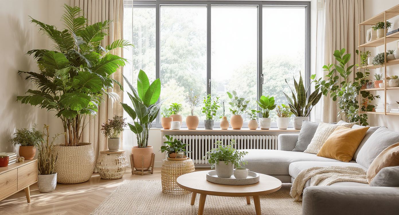A bright living room with grouped houseplants in coordinated pots, set by a sunny window and away from a radiator. Plants vary by size and hydration needs, with stylish wooden shelves and natural textures highlighting easy-care organization.