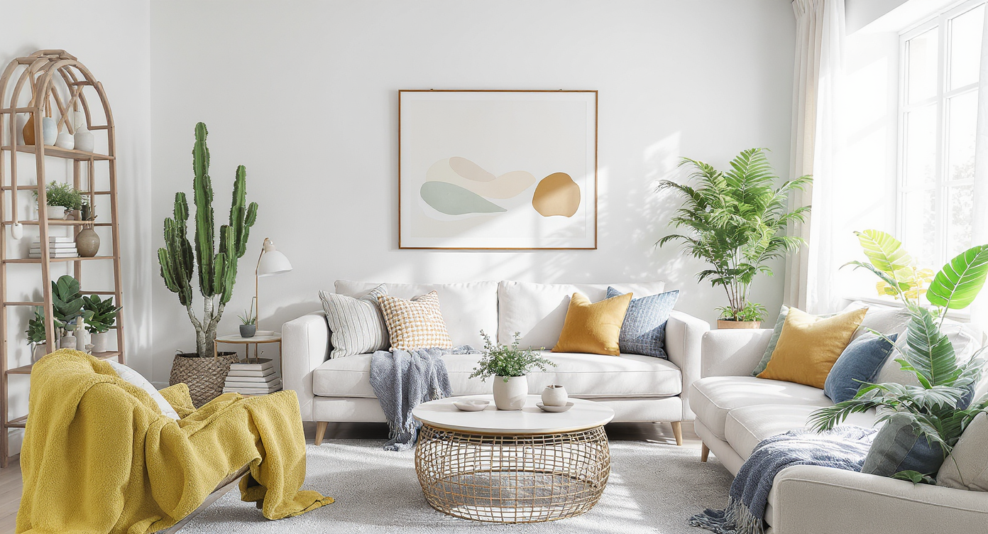Homeowner checks plant soil moisture by hand in a sunlit living room filled with assorted potted indoor plants and natural wood accents.