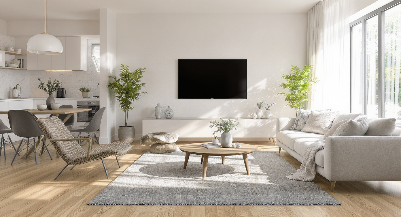 A bright living room with indoor plants, soil moisture meters, a visible irrigation spike, and a smartphone with a care reminder near green-accented decor.