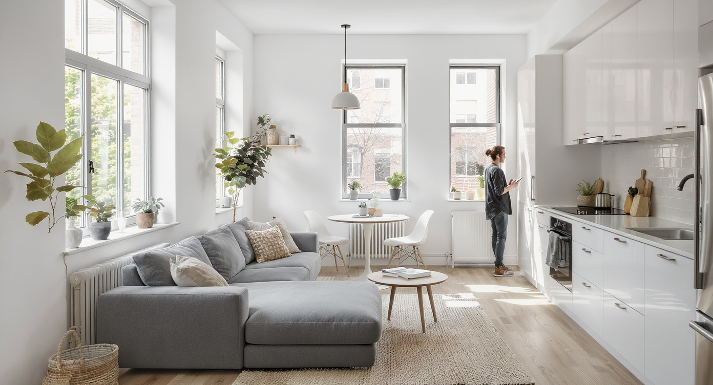 Compact, sunlit apartment with modular gray sofa, small dining area, natural wood floors, open shelves, and a young tenant arranging furniture.