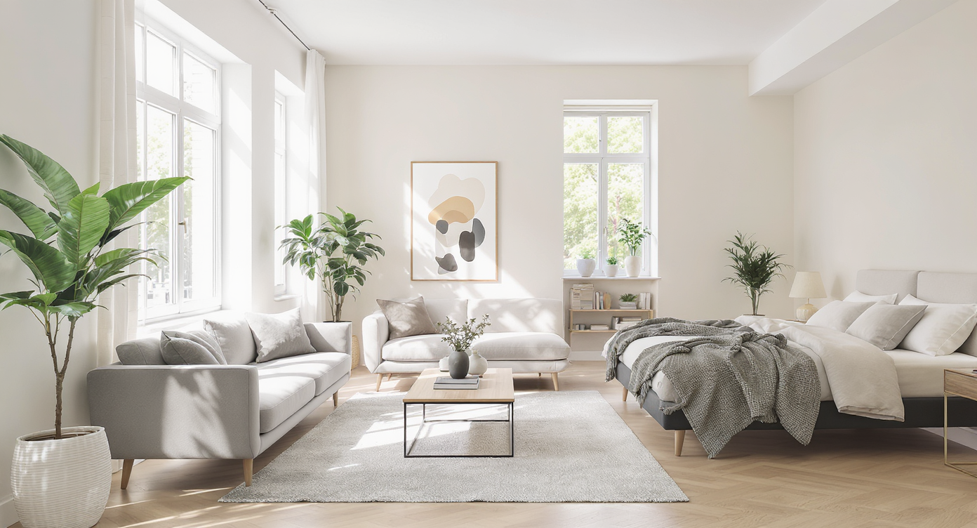 Open-plan apartment with a sofa set away from the wall, clear pathways, compact dining area, and a bed with walkaround space, all in natural light.
