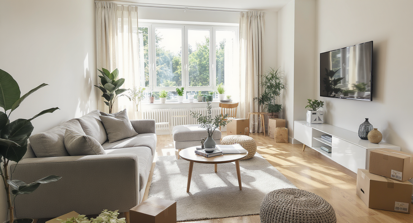 A bright, modern apartment living room features unpacked boxes, a minimalist sofa, open storage, a rolled floor plan, and a woman planning furniture placement.