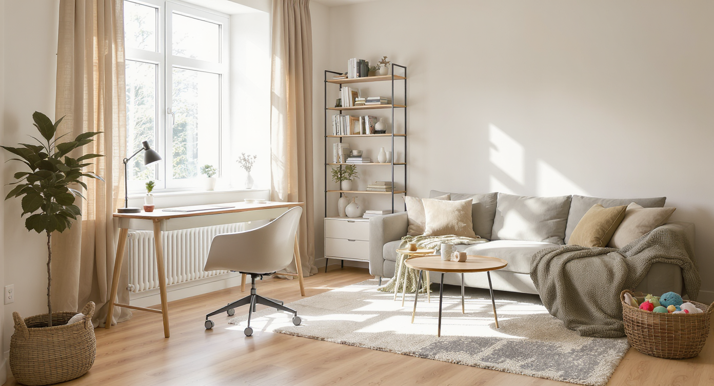 A bright compact apartment shows a distinct work-from-home nook, modular sofa, expandable dining table, and vertical storage, bathed in natural light.