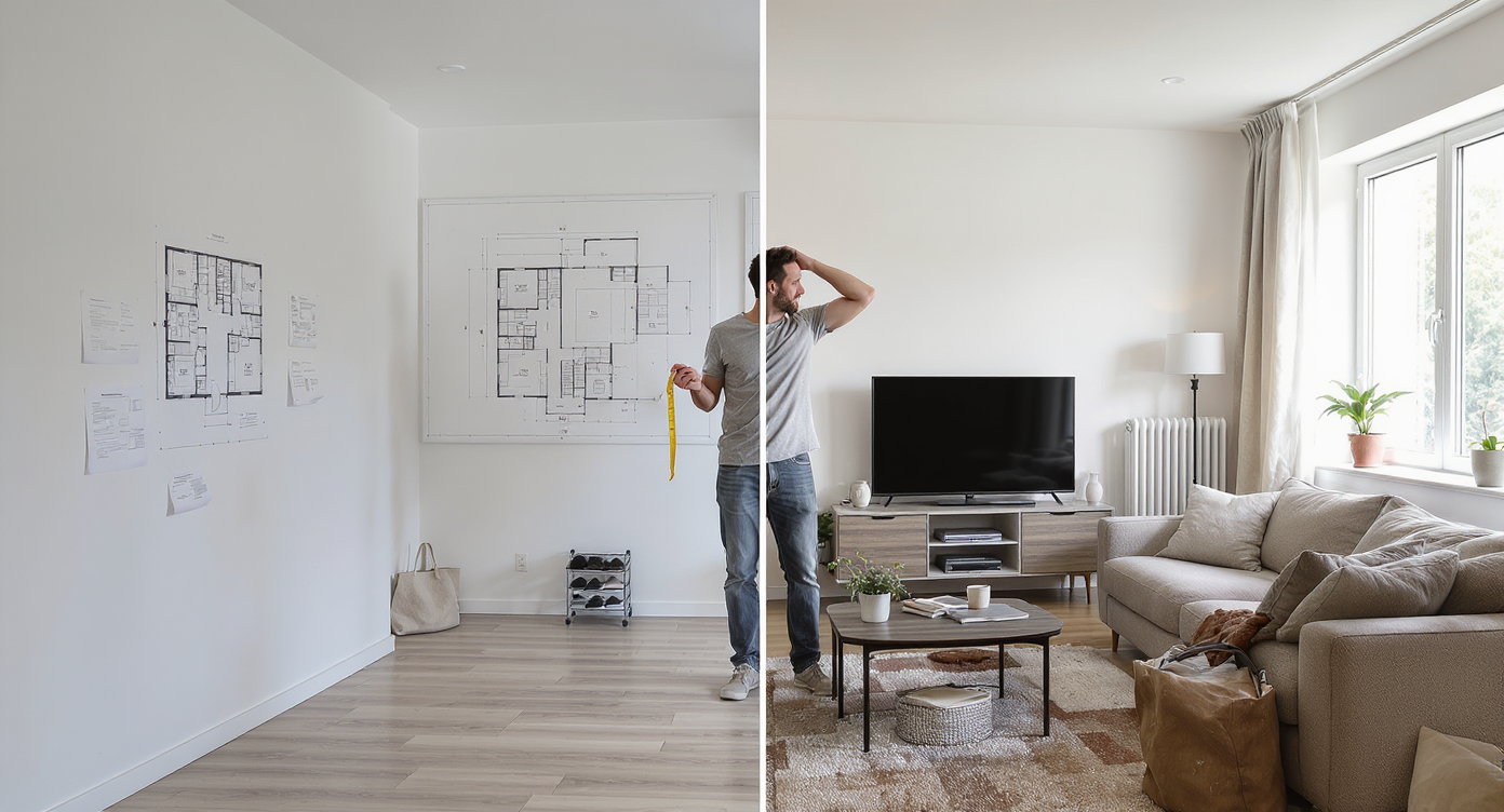 A split-view living room shows a perfect floor plan on one side and a real, tighter space with lived-in furniture and a puzzled homeowner measuring.