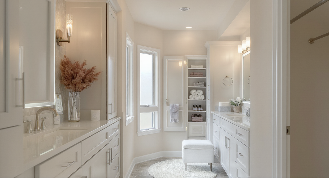 A master bath with a central dressing zone, his-and-hers vanities, a built-in makeup nook, plush ottoman, and slender cabinetry in calming neutrals.