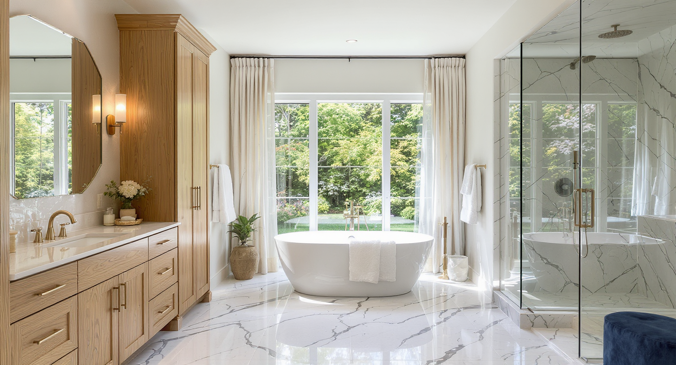 Open, sunlit master bathroom with marble floors, oak cabinetry, freestanding tub by windows, glass shower, and homeowner at double vanity.