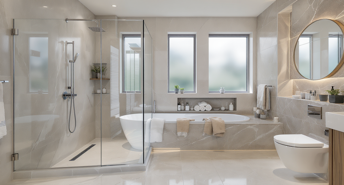 Modern master bathroom wet room with frameless glass enclosure, freestanding tub, rainfall shower, neutral tiles, and open shelving.